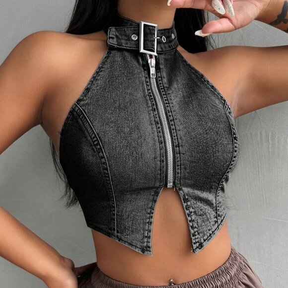 Black Sexy Women's Backless Slim-Fit Denim Top With Halter Neck - Picture 5 of 6